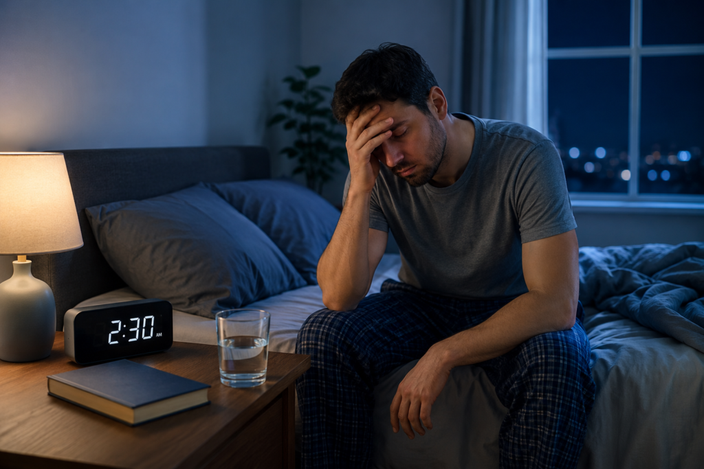 Person sitting awake on the bed at night due to insomnia while looking tired and unable to sleep