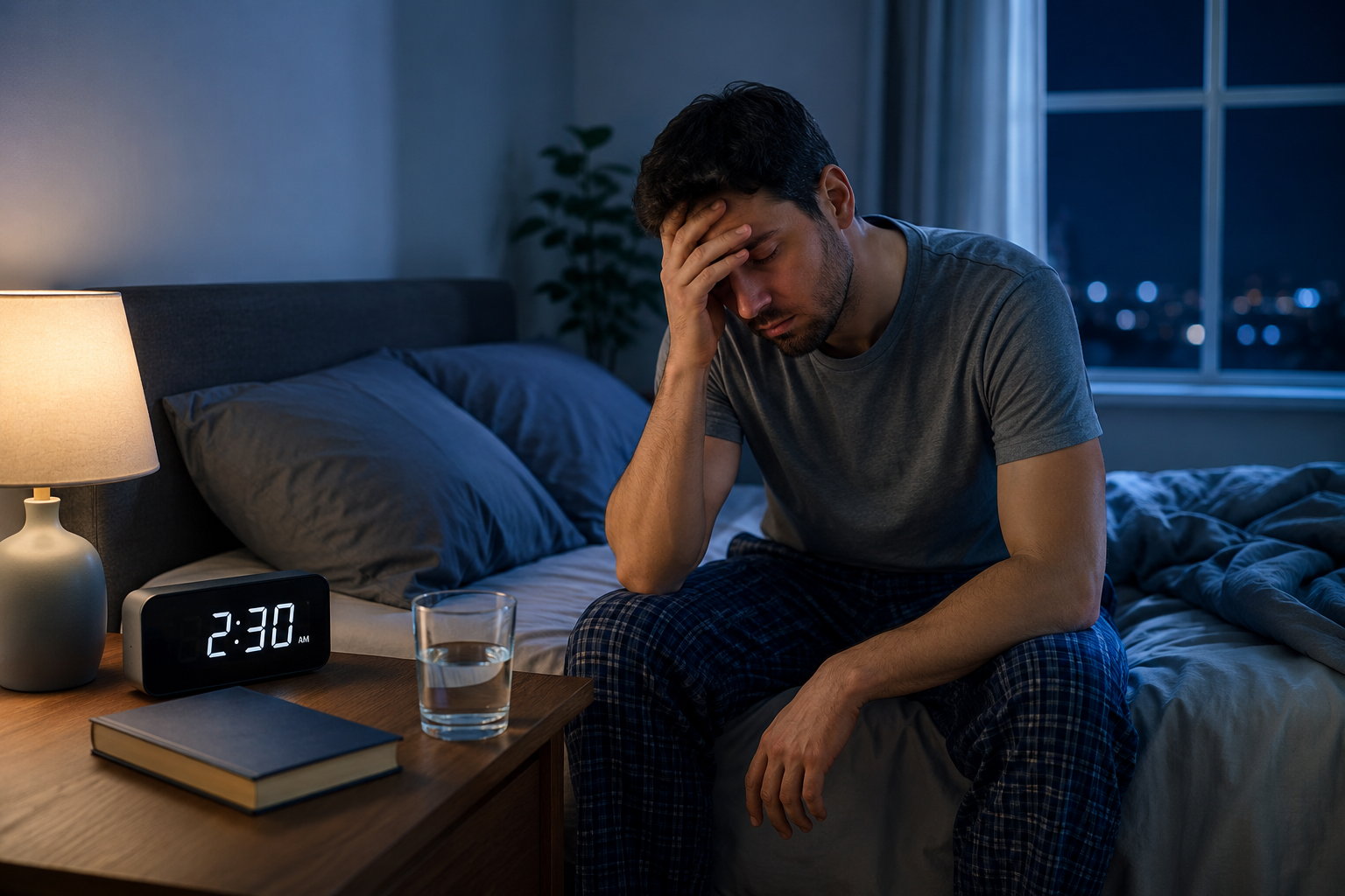 Person sitting awake on the bed at night due to insomnia while looking tired and unable to sleep