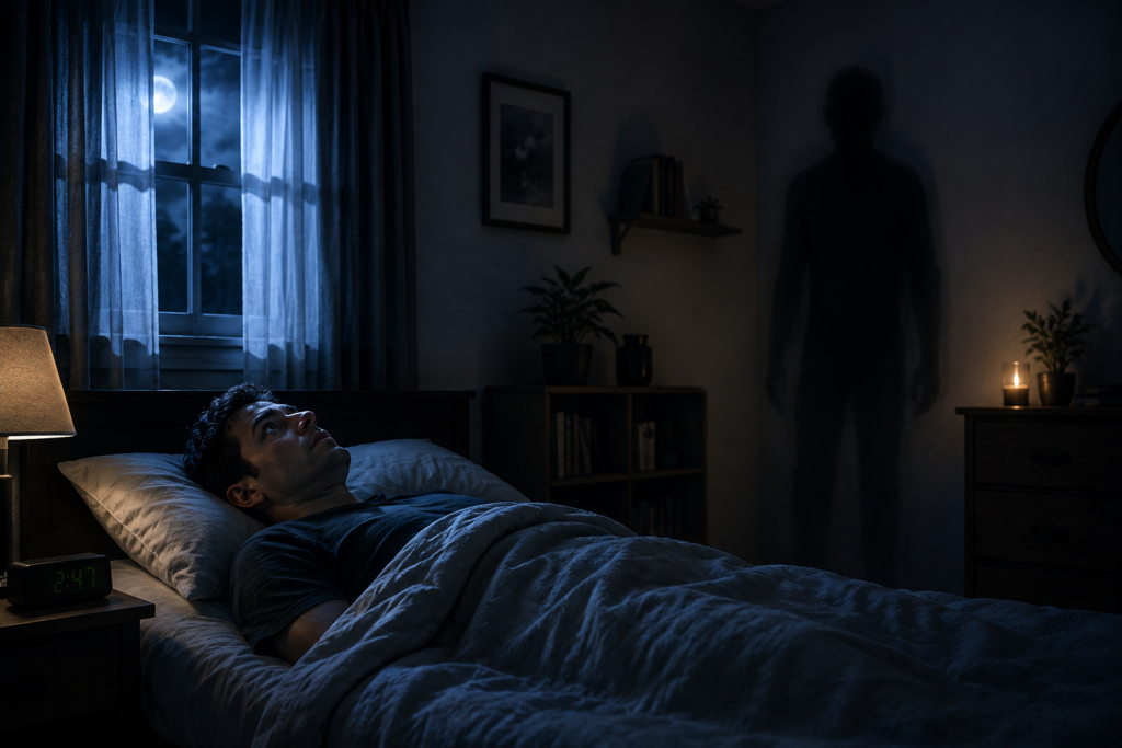 Person experiencing sleep paralysis while seeing a shadow figure in the bedroom