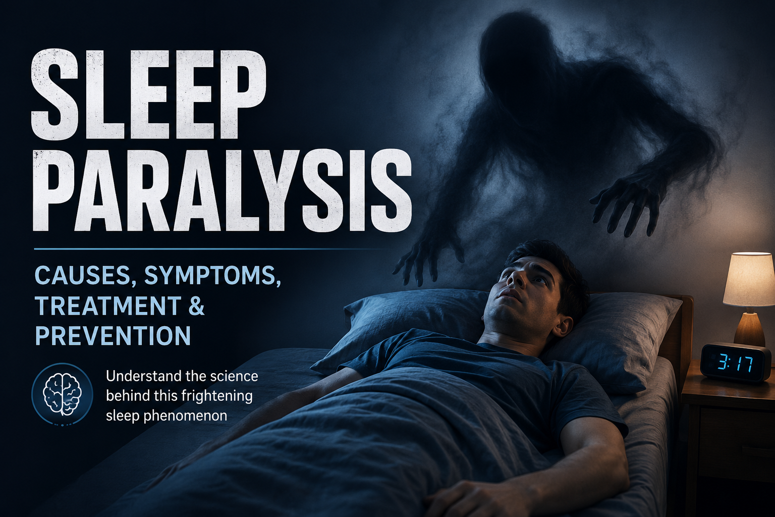Person experiencing sleep paralysis while lying awake in bed at night
